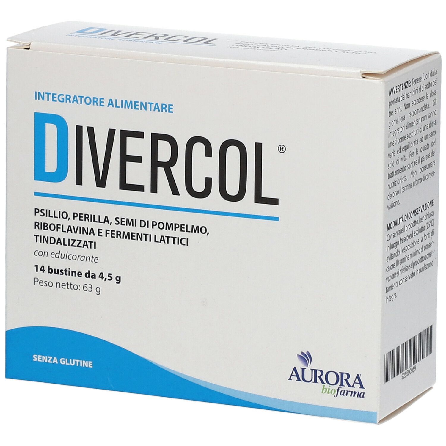 Scatola bianca con logo blu "DIVERCOL". Contiene 14 bustine. Logo Aurora Biofarma in basso a destra. Scritto: "SENZA GLUTINE".