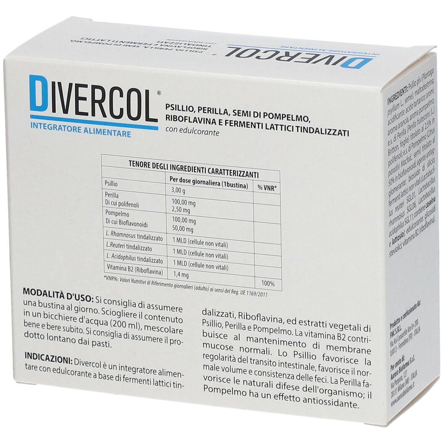 Scatola bianca, vista obliqua da dietro. Mostra la tabella nutrizionale e testo. Scritto: "DIVERCOL".