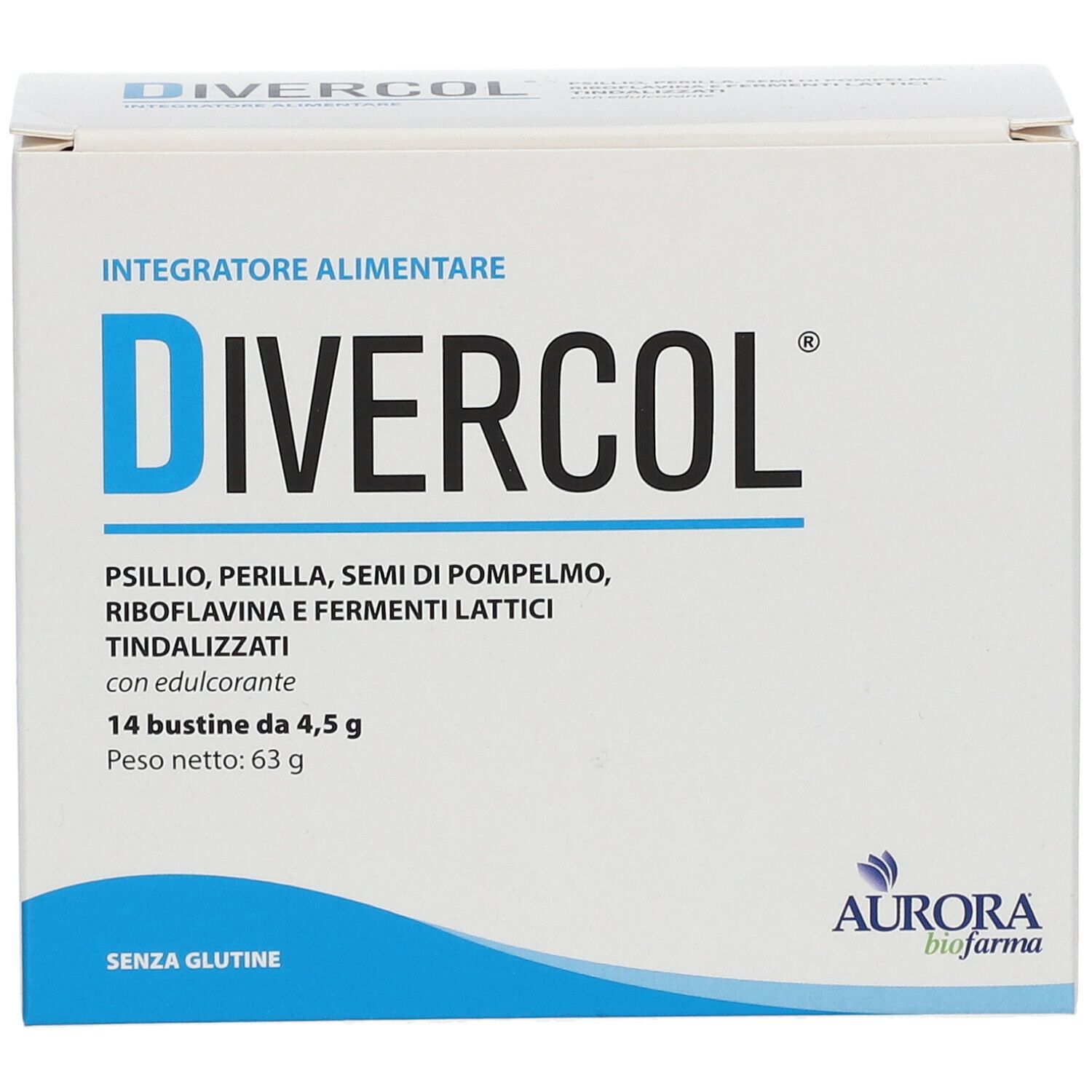 Scatola bianca con logo blu "DIVERCOL". Contiene 14 bustine. Logo Aurora Biofarma in basso a destra. Scritto: "SENZA GLUTINE".