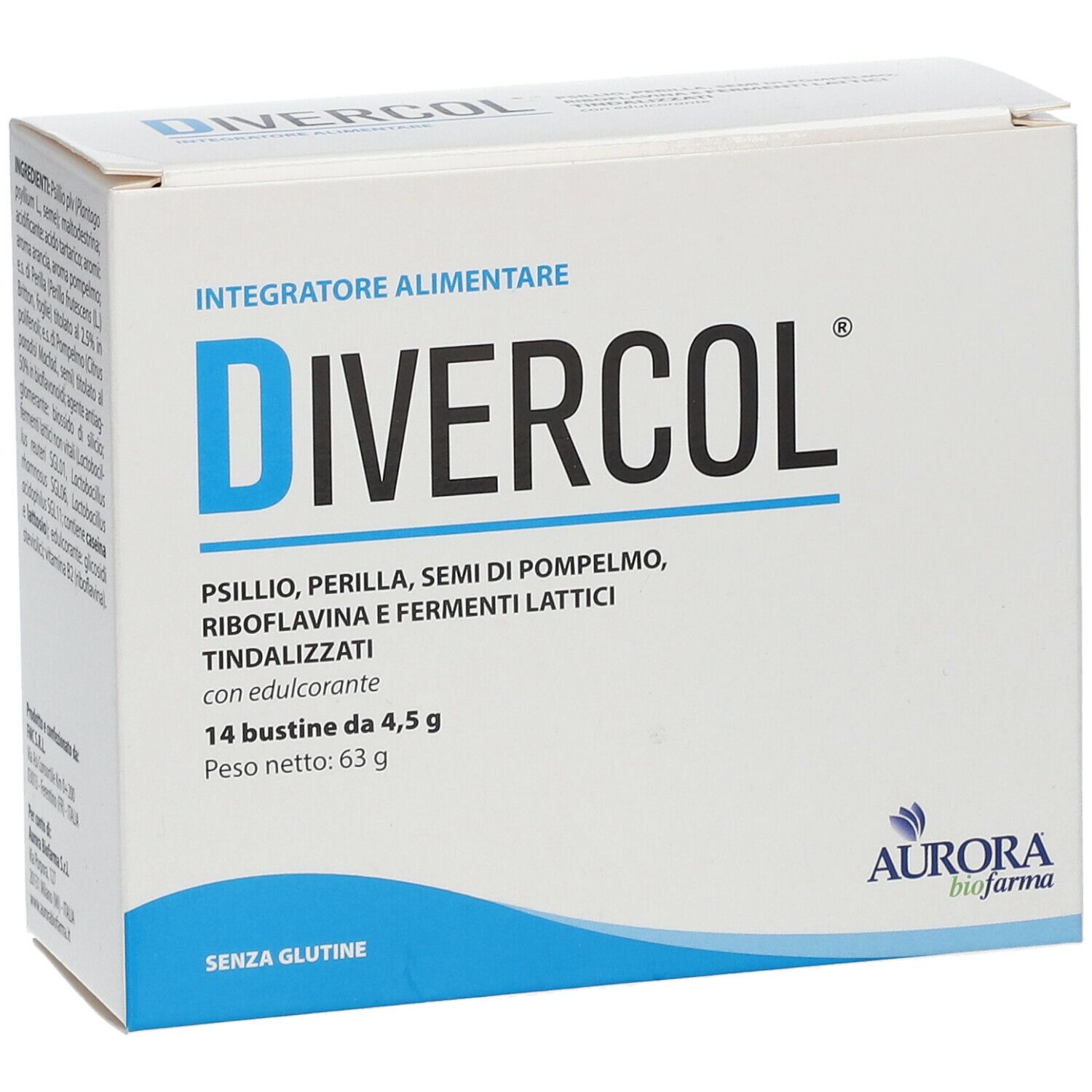 Scatola bianca con logo blu "DIVERCOL". Contiene 14 bustine. Logo Aurora Biofarma in basso a destra. Scritto: "SENZA GLUTINE".