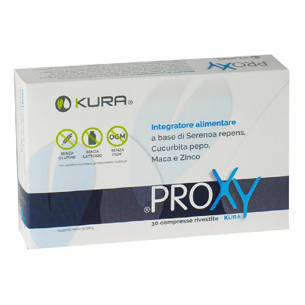 Scatola bianca con testo blu. Contiene 30 compresse. Scritta: PROXY, KURA. Senza glutine, senza lattosio, senza OGM.