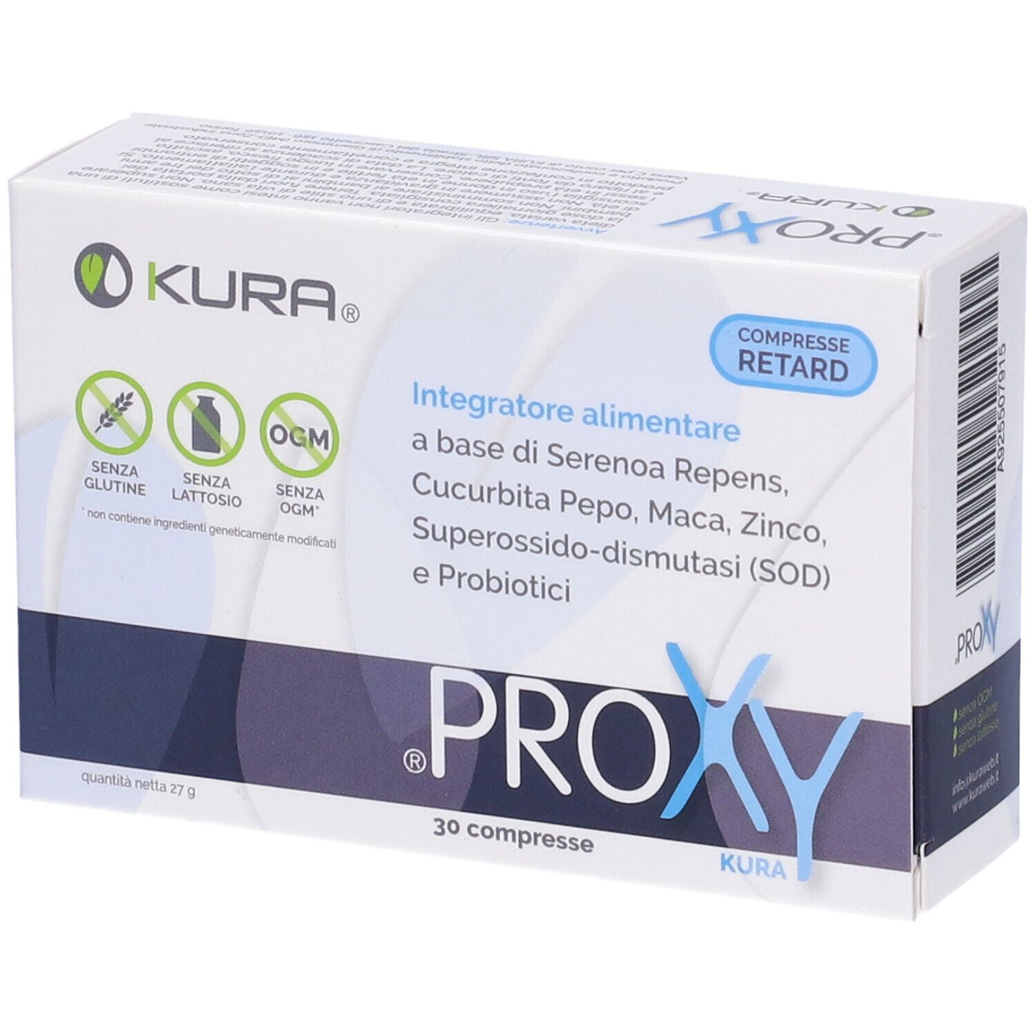 Scatola bianca con testo blu. Contiene 30 compresse. Scritta: PROXY, KURA. Senza glutine, senza lattosio, senza OGM.