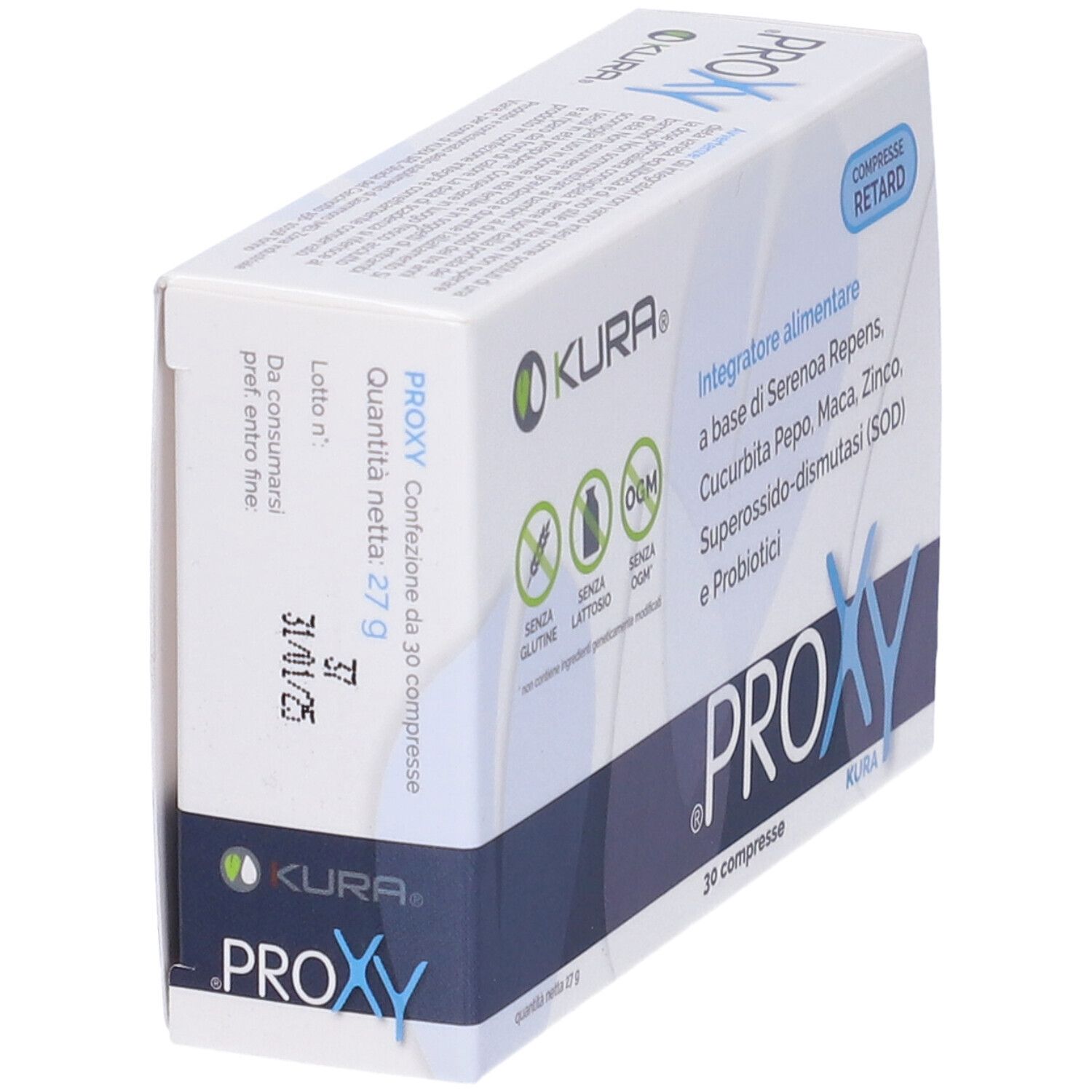 Scatola bianca con testo blu. Contiene 30 compresse. Scritta: PROXY, KURA. Senza glutine, senza lattosio, senza OGM.