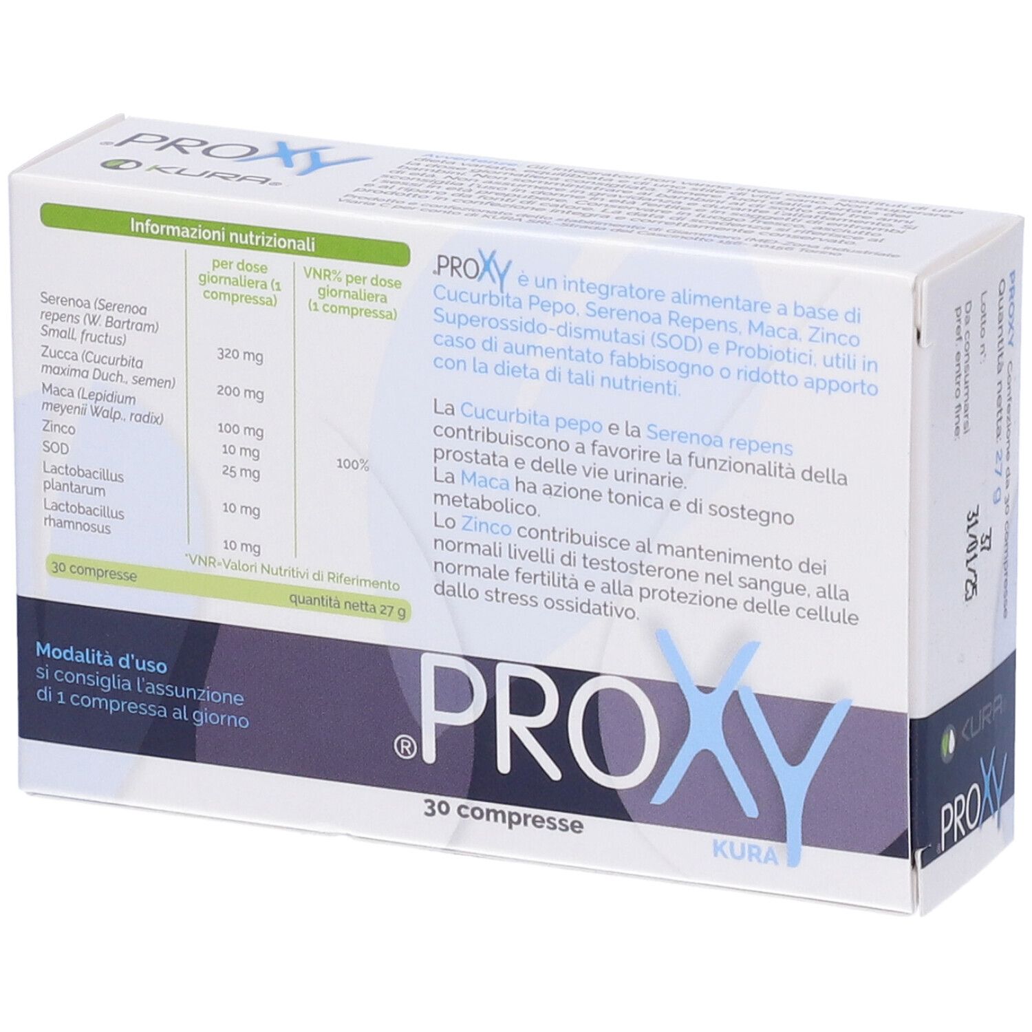 Scatola bianca con testo blu. Contiene 20 compresse. Scritta: PROXY, KURA. Senza glutine, senza lattosio, senza OGM.