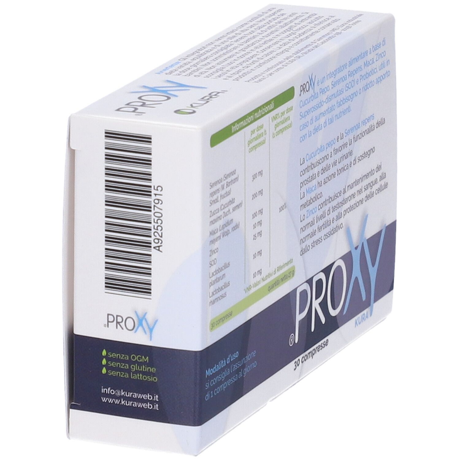 Scatola bianca con testo blu. Contiene 30 compresse. Scritta: PROXY, KURA. Senza glutine, senza lattosio, senza OGM.