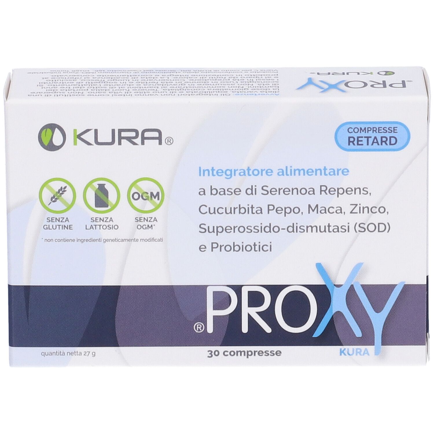 Scatola bianca con testo blu. Contiene 30 compresse. Scritta: PROXY, KURA. Senza glutine, senza lattosio, senza OGM.