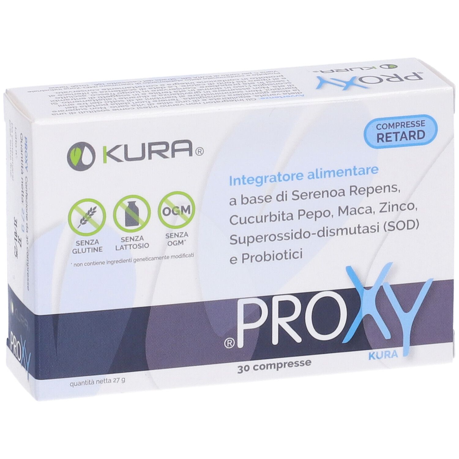 Scatola bianca con testo blu. Contiene 30 compresse. Scritta: PROXY, KURA. Senza glutine, senza lattosio, senza OGM.