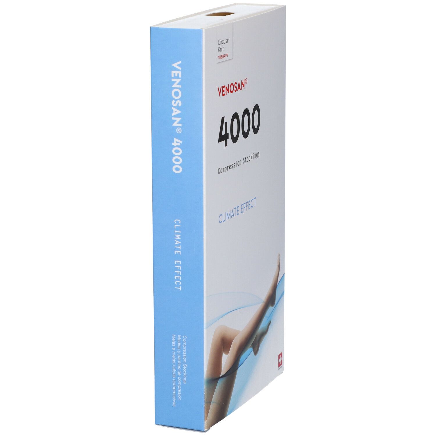 Confezione calze a compressione Venosan 4000. Scatola bianca con lato blu. Illustrazione gamba.