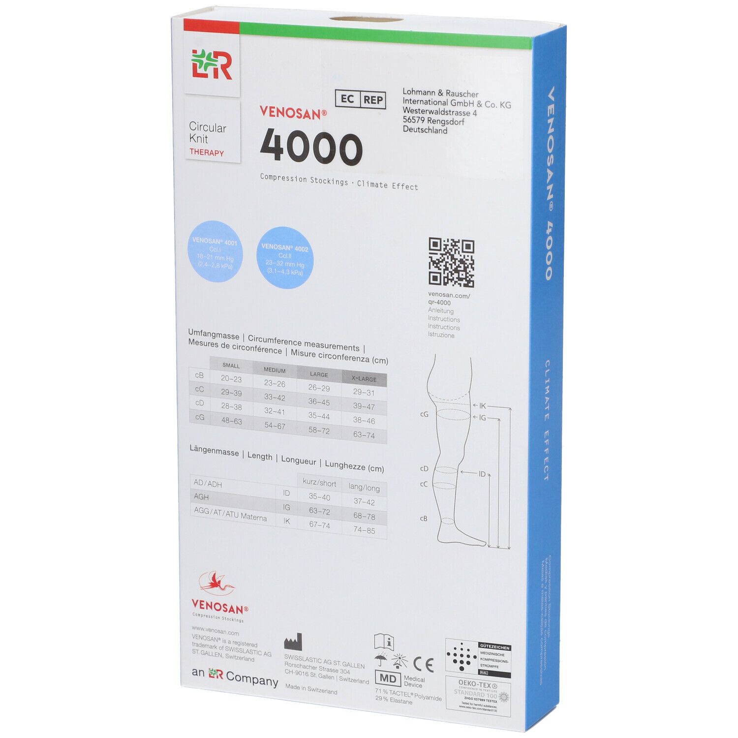Retro confezione Venosan 4000. Informazioni circonferenza, misure, QR code e certificazioni.