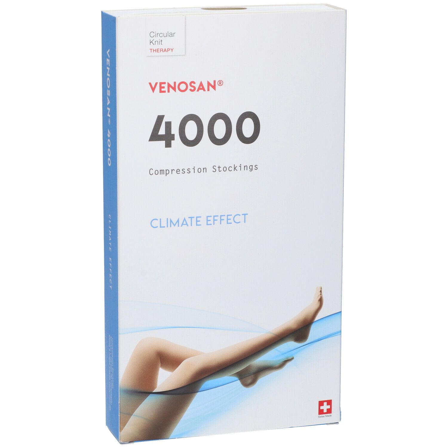 Confezione calze a compressione Venosan 4000. Scatola bianca con lato blu. Illustrazione gamba.