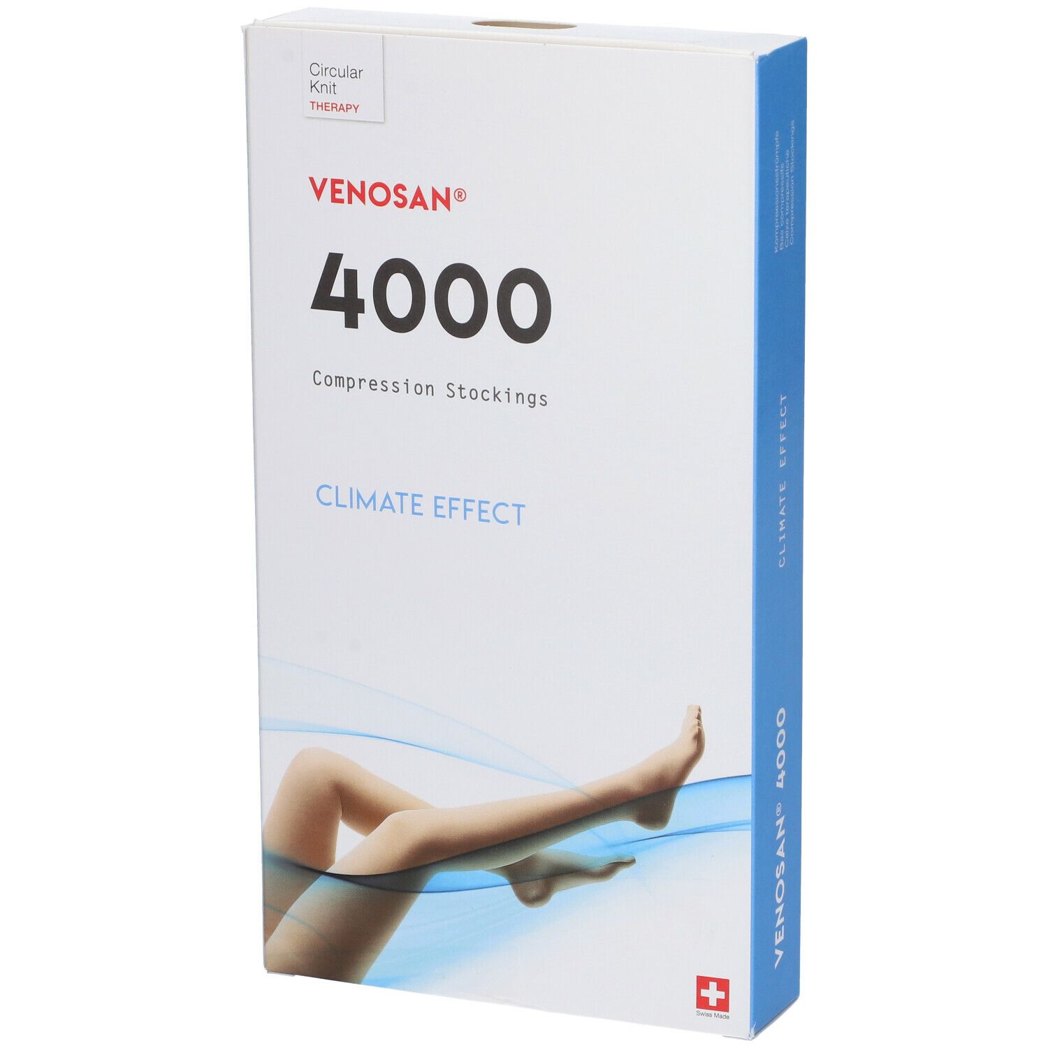 Confezione di calze a compressione Venosan 4000. Scritta: 4000, Climate Effect. Immagine di una gamba.