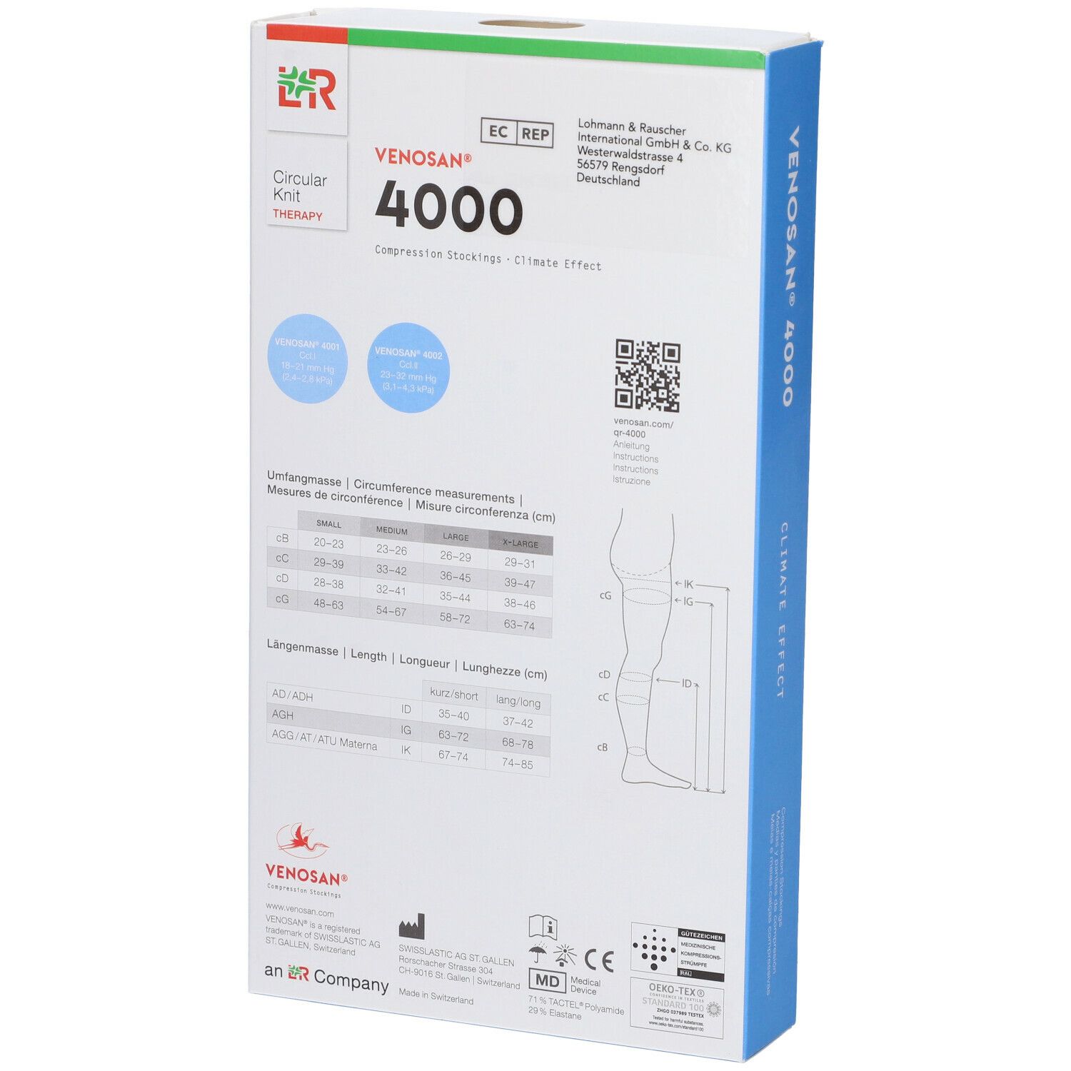 Retro della confezione Venosan 4000. Contiene tabella taglie, codice QR e loghi. Testo: Climate Effect, Venosan 4000.