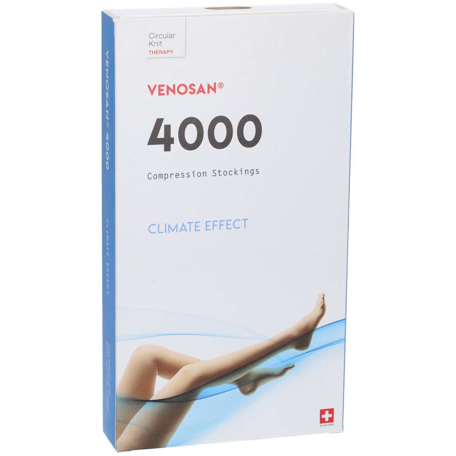 Confezione di calze a compressione Venosan 4000. Scritta: 4000, Climate Effect. Immagine di una gamba.
