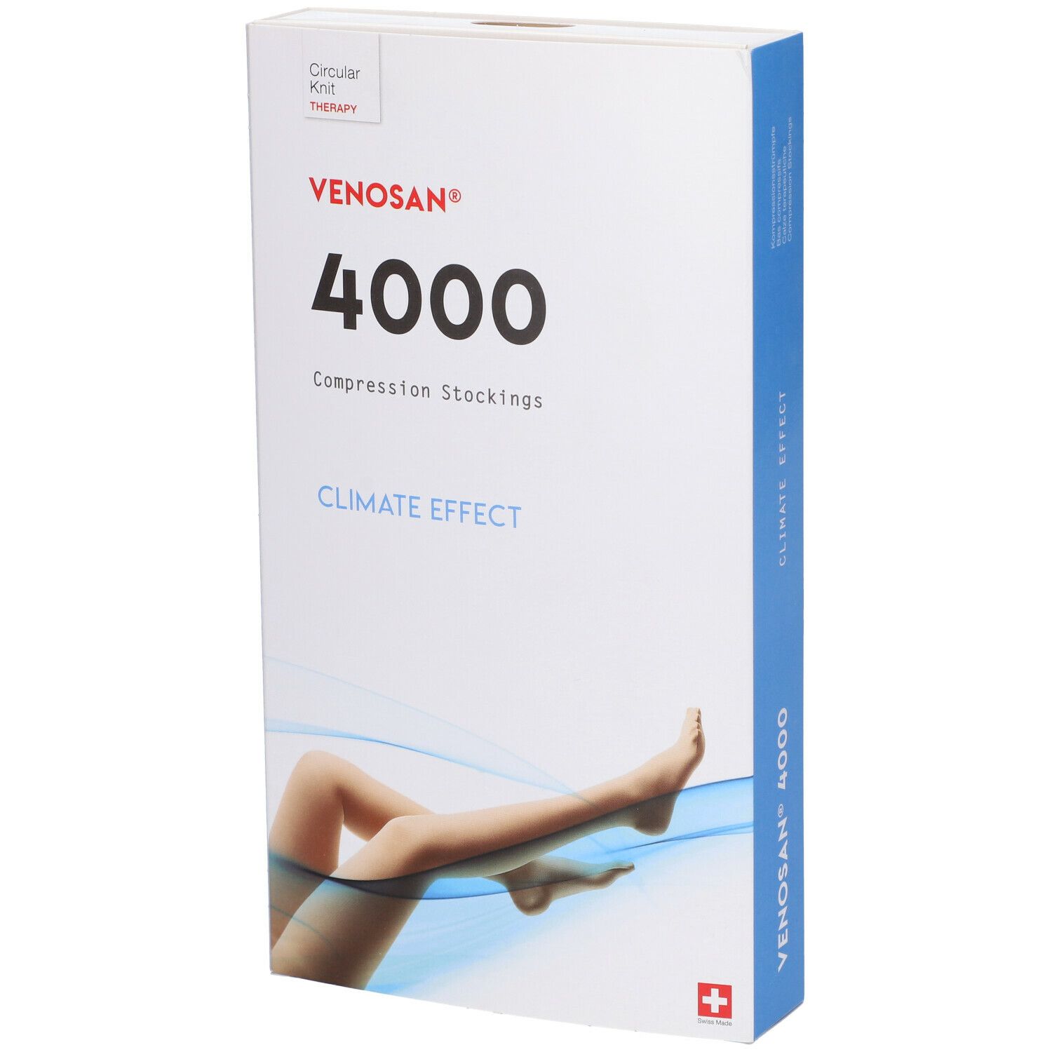 Calze a compressione Venosan 4000. Confezione bianca con nome prodotto, illustrazione gamba e croce svizzera.