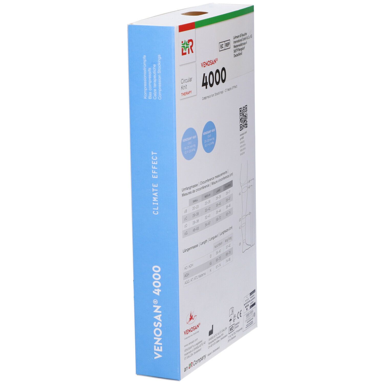 Calze a compressione Venosan 4000. Confezione con informazioni prodotto, tabella taglie e codice QR.