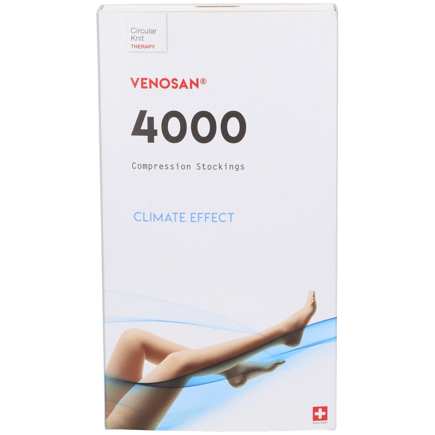Calze a compressione Venosan 4000. Confezione bianca con nome prodotto, illustrazione gamba e croce svizzera.