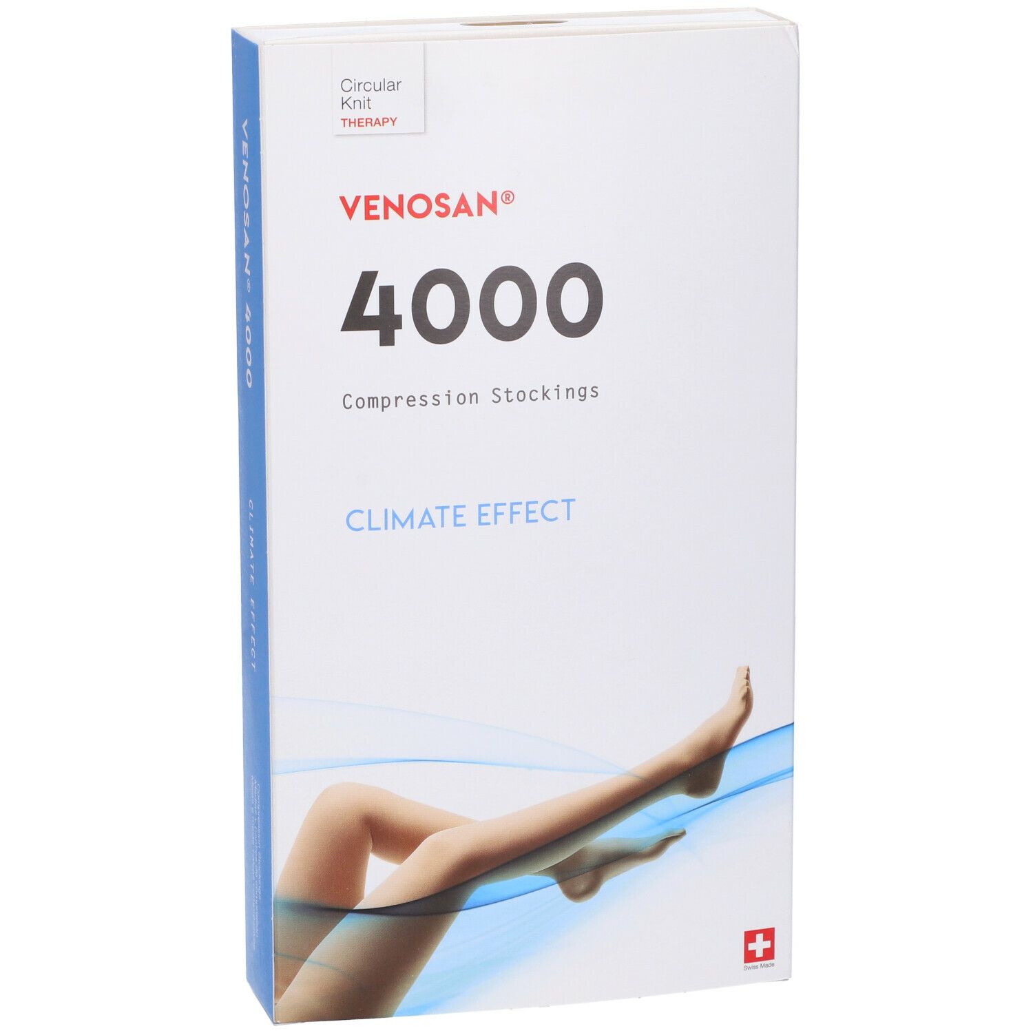Calze a compressione Venosan 4000. Confezione bianca con nome prodotto, illustrazione gamba e croce svizzera.