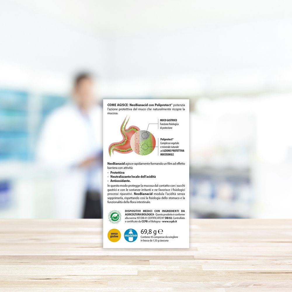 Rückseite der neo Bianacid compresse masticabili Schachtel. Text und Diagramm.