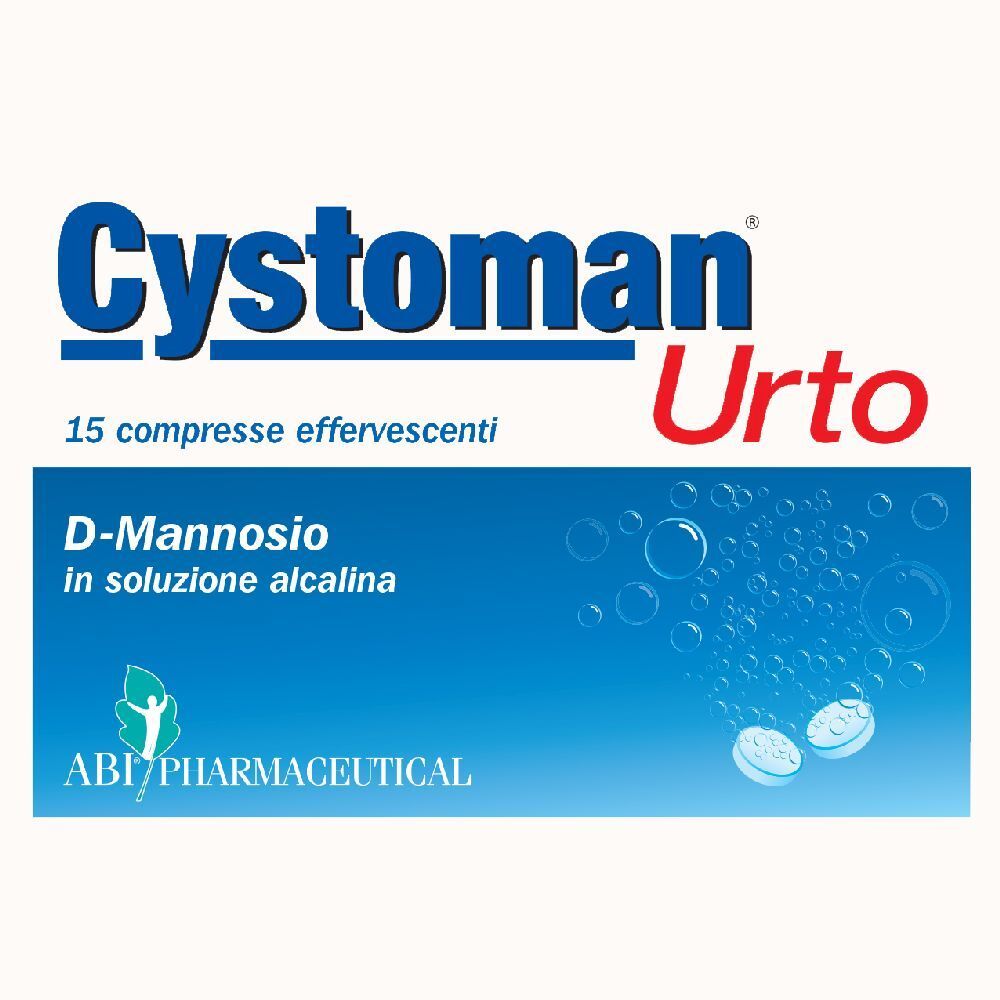 Scatola di "Cystoman Urto". Confezione blu e bianca con 15 compresse effervescenti. Contiene D-Mannosio.