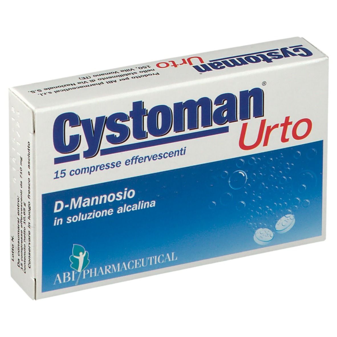 Confezione di "Cystoman Urto". Scatola bianca con design blu. Contiene 15 compresse effervescenti con D-Mannosio.