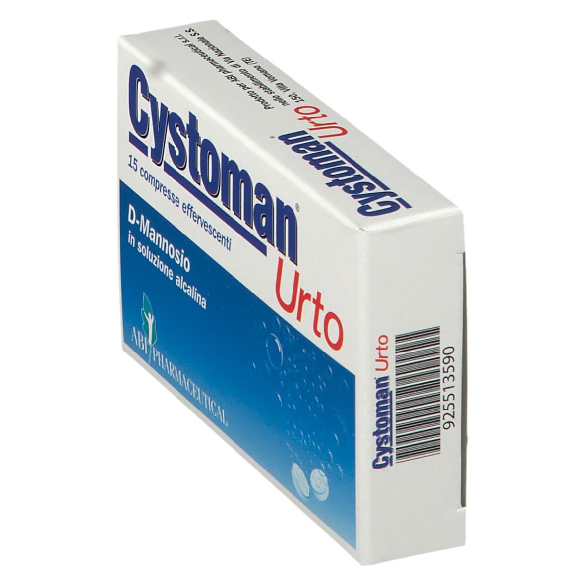 Scatola "Cystoman Urto" in prospettiva. Contiene 15 compresse effervescenti con D-Mannosio. Confezione bianca e blu.