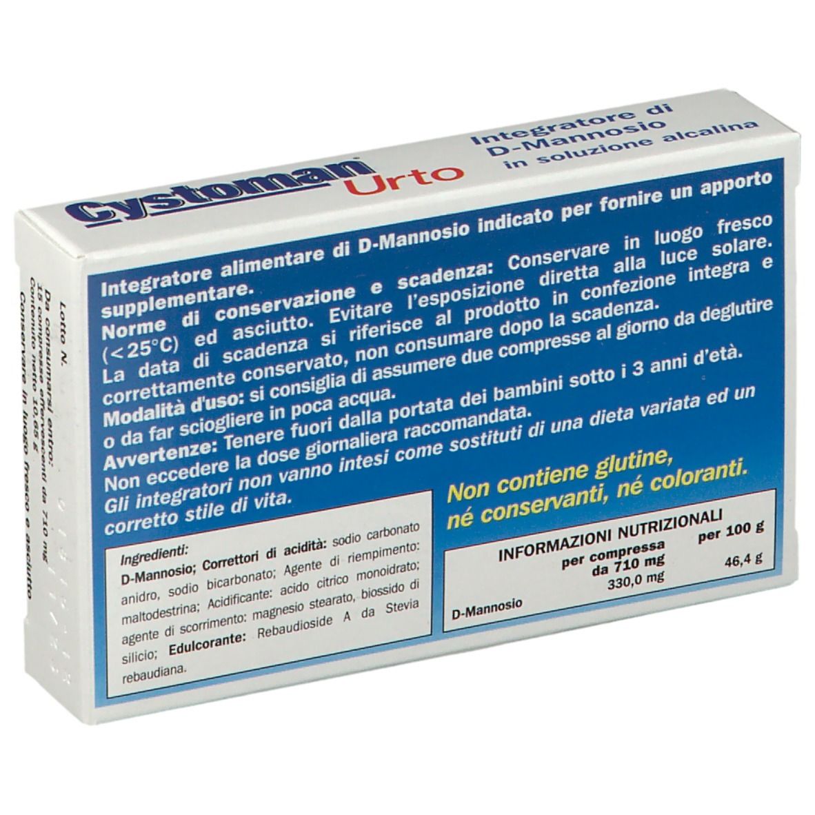 Retro della confezione "Cystoman Urto". Contiene informazioni sugli ingredienti e valori nutrizionali. D-Mannosio.
