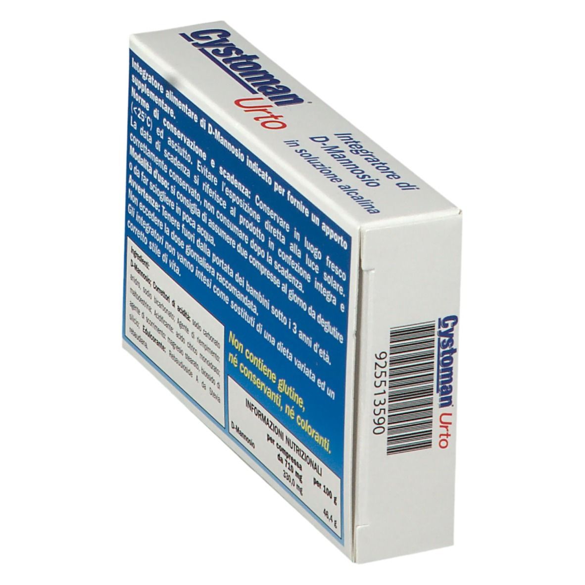 Scatola "Cystoman Urto" in prospettiva. Retro con ingredienti e valori nutrizionali. Contiene D-Mannosio.