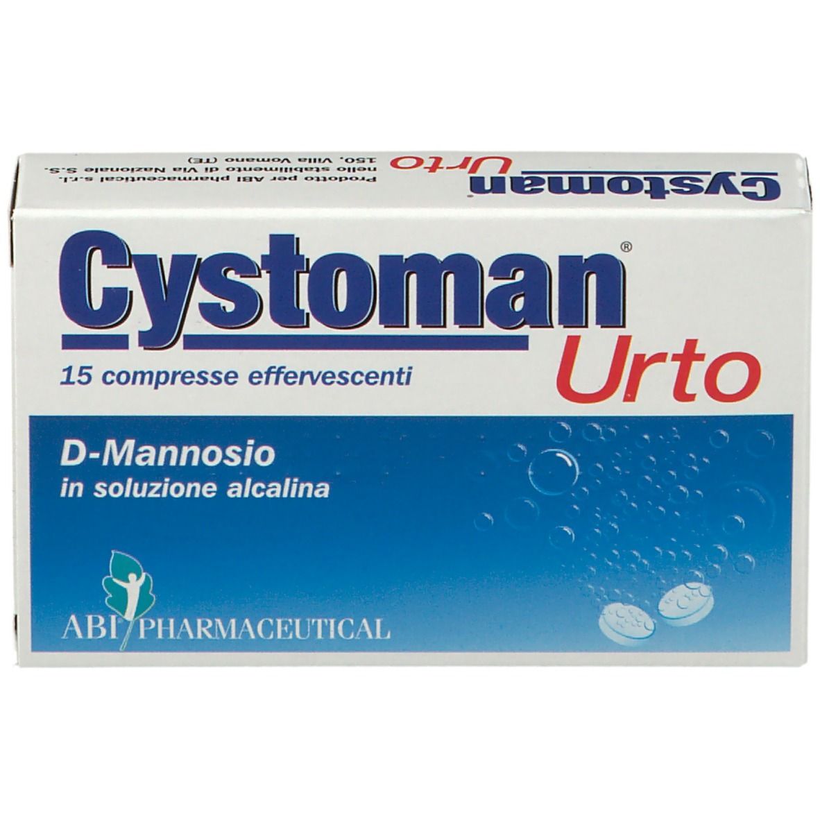 Confezione di "Cystoman Urto". Scatola bianca con design blu. Contiene 15 compresse effervescenti con D-Mannosio.