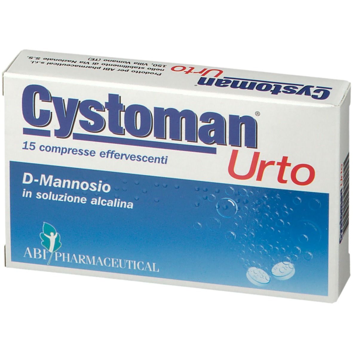 Confezione di "Cystoman Urto". Scatola bianca con design blu. Contiene 15 compresse effervescenti con D-Mannosio.