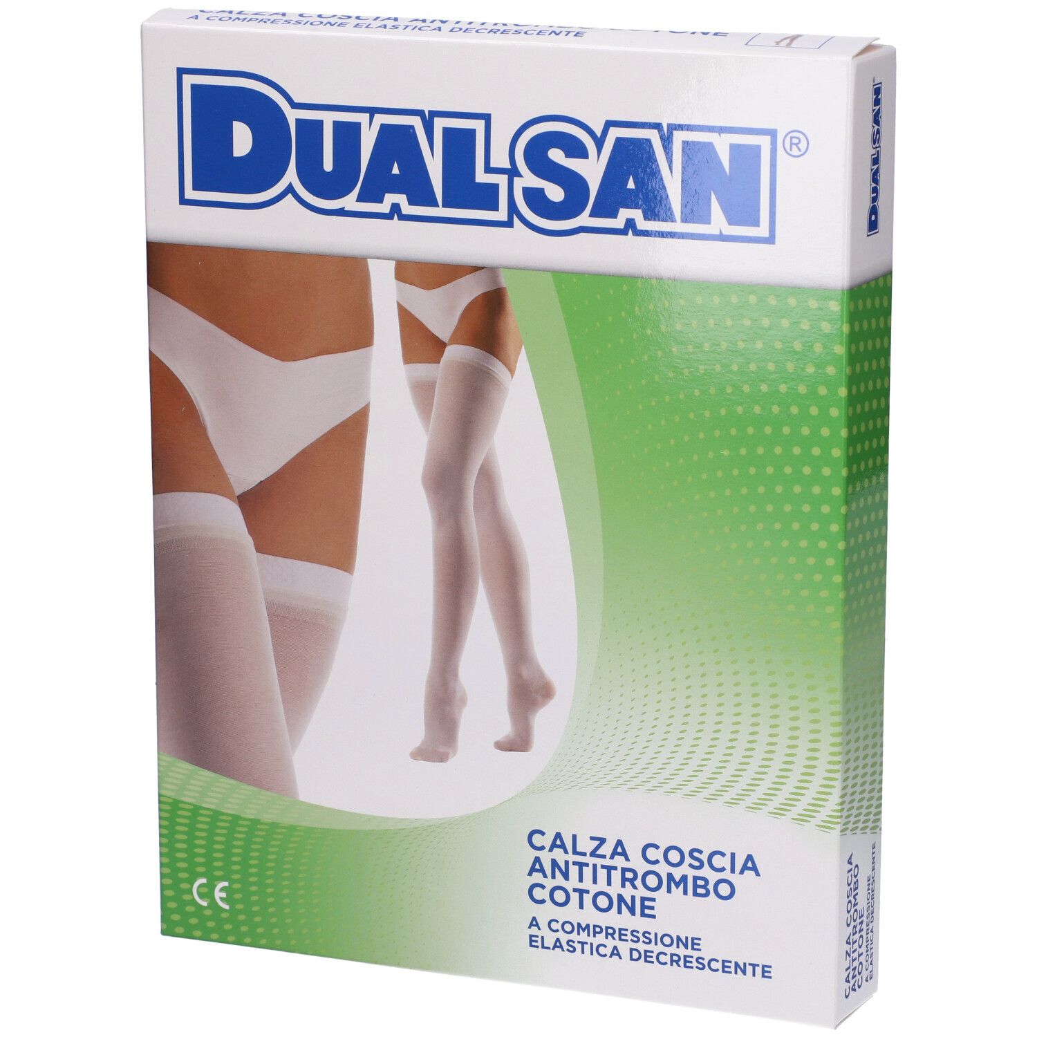 Confezione Dualsan. Scritta: Calza Coscia Antitrombo Cotone. Immagine: calze bianche.