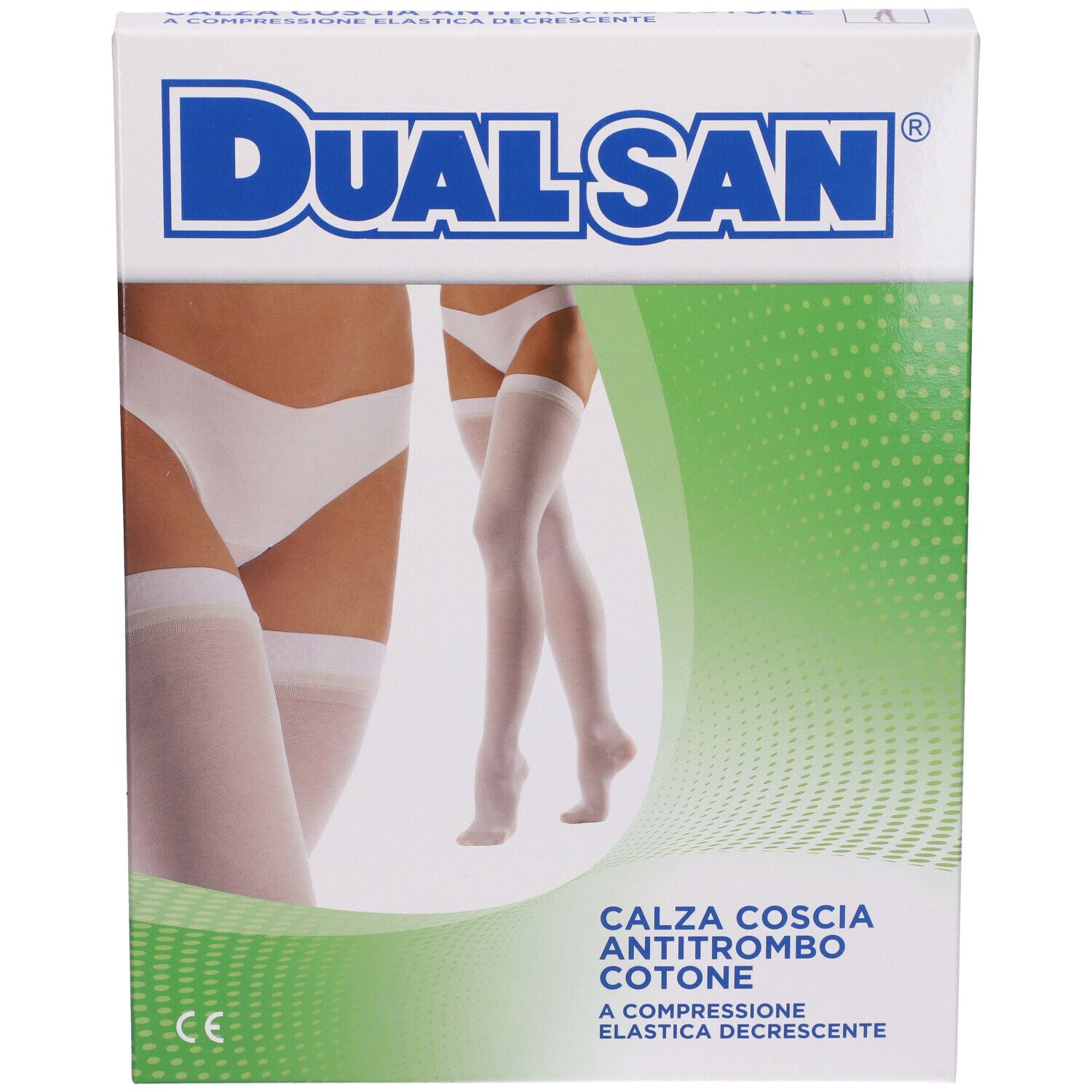Confezione Dualsan. Scritta: Calza Coscia Antitrombo Cotone. Immagine: calze bianche.