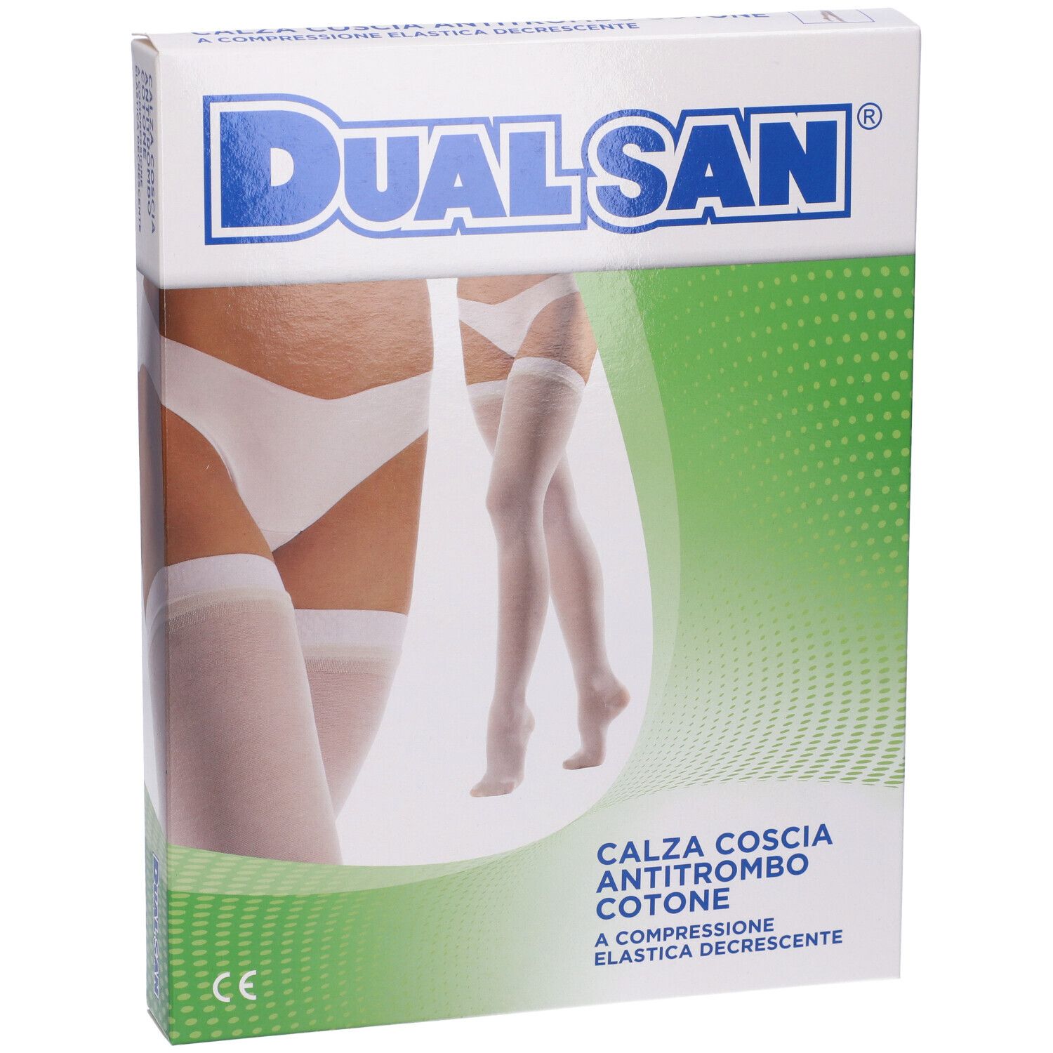 Confezione Dualsan. Scritta: Calza Coscia Antitrombo Cotone. Immagine: calze bianche.