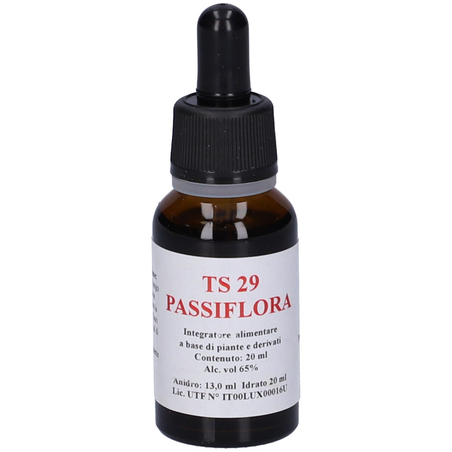 Flacone di vetro marrone con tappo nero e contagocce. Etichetta con testo: TS 29 Passiflora, 20 ml.
