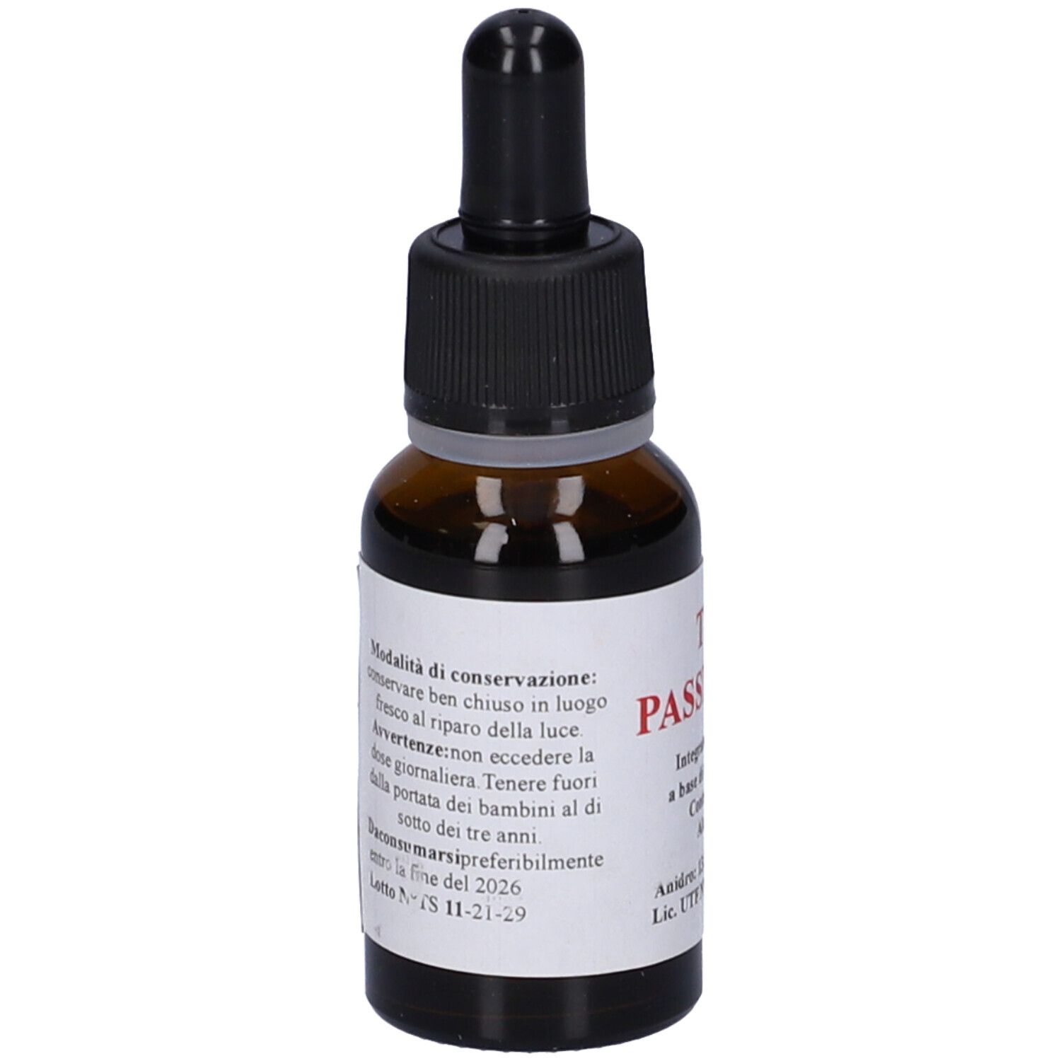 Flacone di vetro marrone con tappo nero e contagocce. Etichetta con testo: TS 29 Passiflora, 20 ml. Testo sulla conservazione.