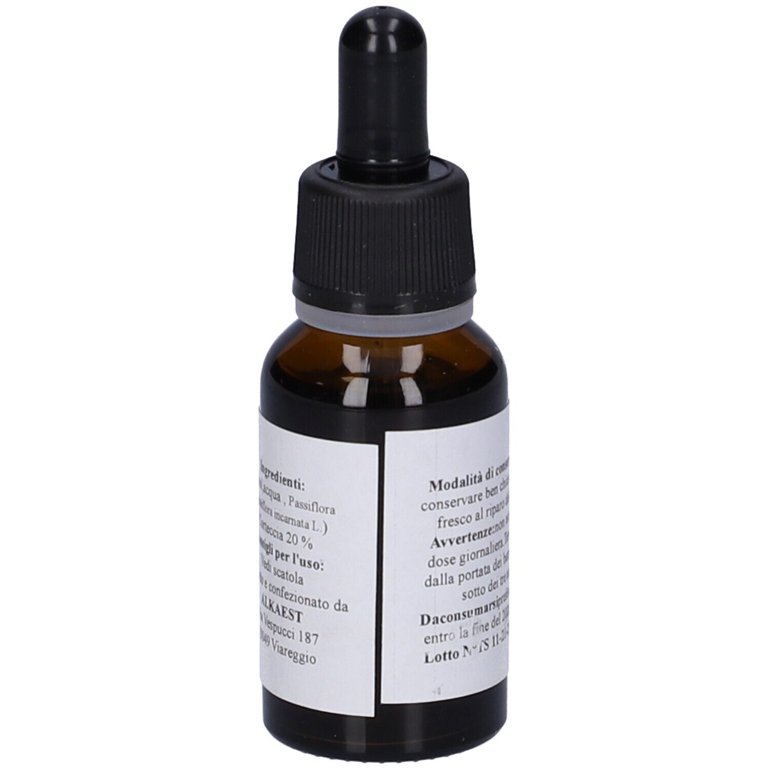 Flacone di vetro marrone con tappo nero e contagocce. Etichetta con testo: TS 29 Passiflora, 20 ml. Testo sugli ingredienti.