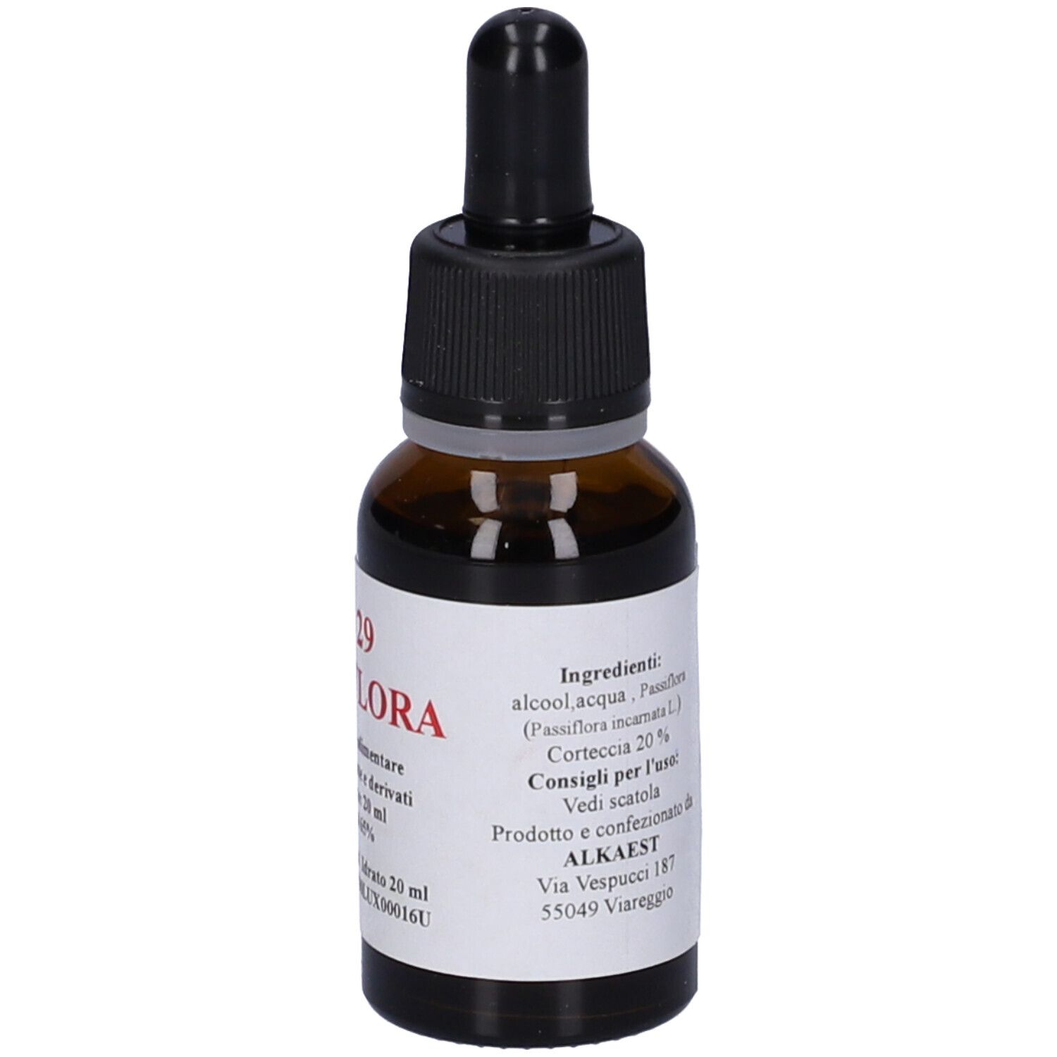 Flacone di vetro marrone con tappo nero e contagocce. Etichetta con testo: TS 29 Passiflora, 20 ml. Testo sugli ingredienti.