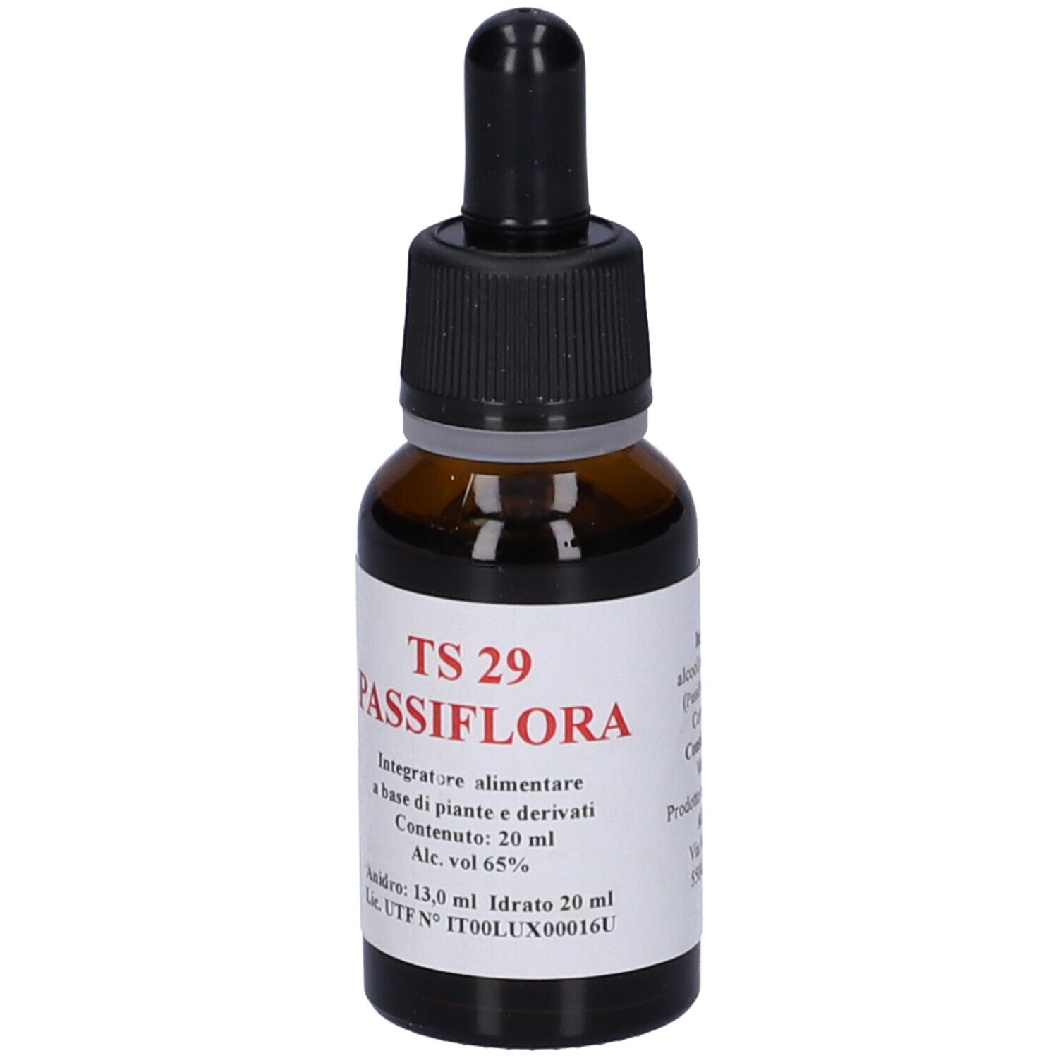 Flacone di vetro marrone con tappo nero e contagocce. Etichetta con testo: TS 29 Passiflora, 20 ml.