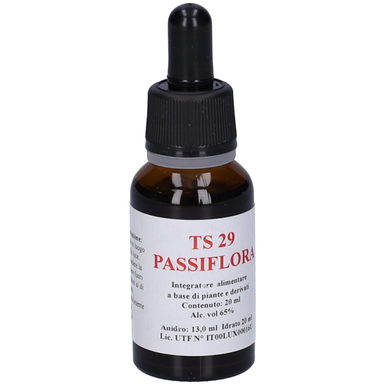 Flacone di vetro marrone con tappo nero e contagocce. Etichetta con testo: TS 29 Passiflora, 20 ml.