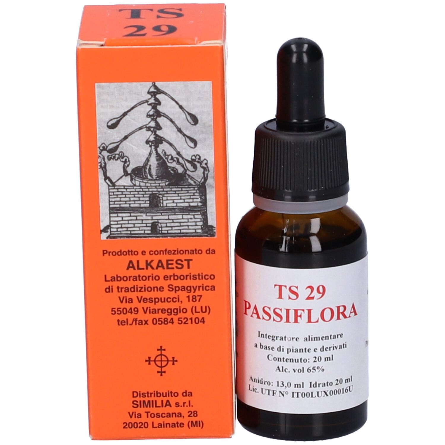 Flacone di vetro marrone con tappo nero e contagocce, accanto a una scatola arancione. Sul flacone: TS 29 Passiflora, 20 ml.