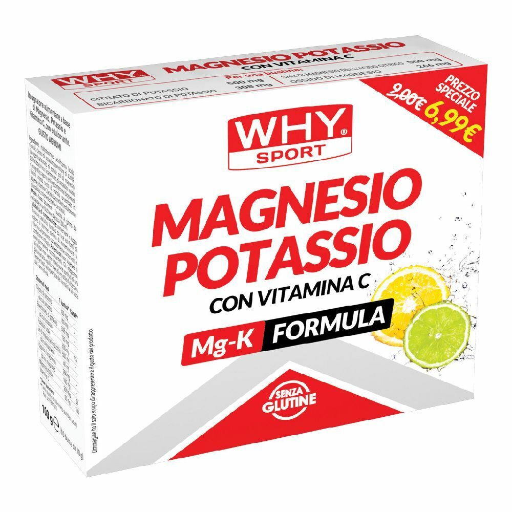 Scatola bianca con logo "WHY SPORT" e "Magnesio Potassio". Fette di limone e lime. Logo "Senza Glutine".