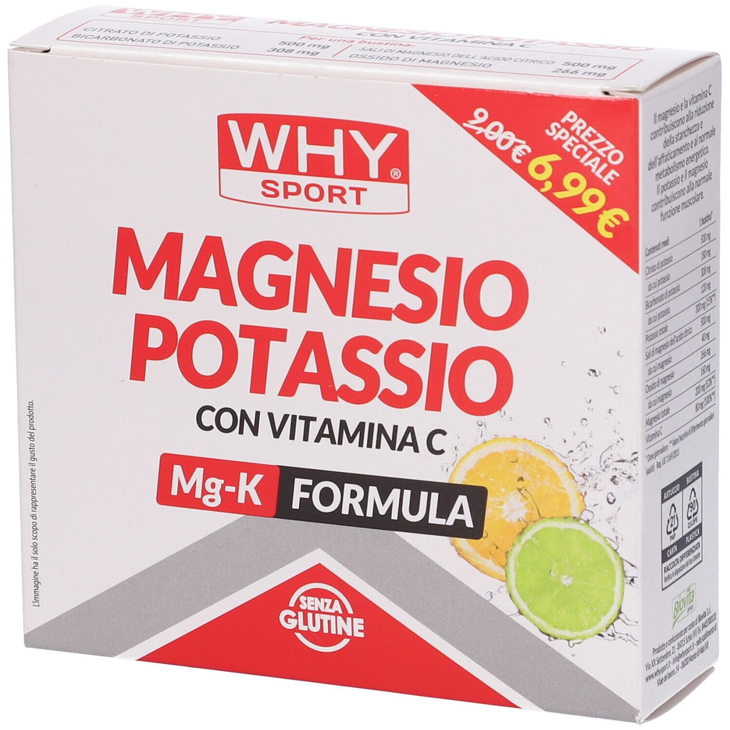 Scatola bianca con logo "WHY SPORT" e "Magnesio Potassio". Fette di limone e lime. Logo "Senza Glutine".