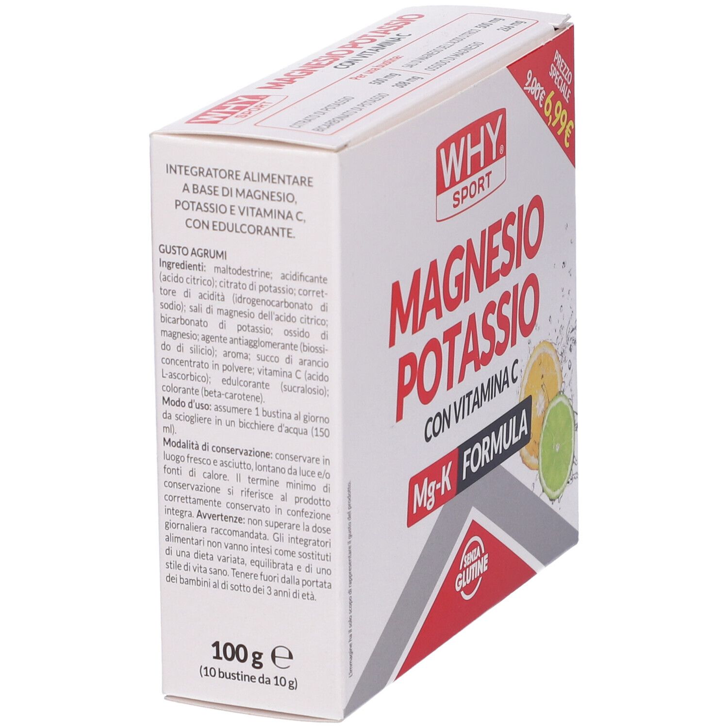 Scatola bianca con logo "WHY SPORT" e "Magnesio Potassio". Fette di limone e lime. Logo "Senza Glutine".