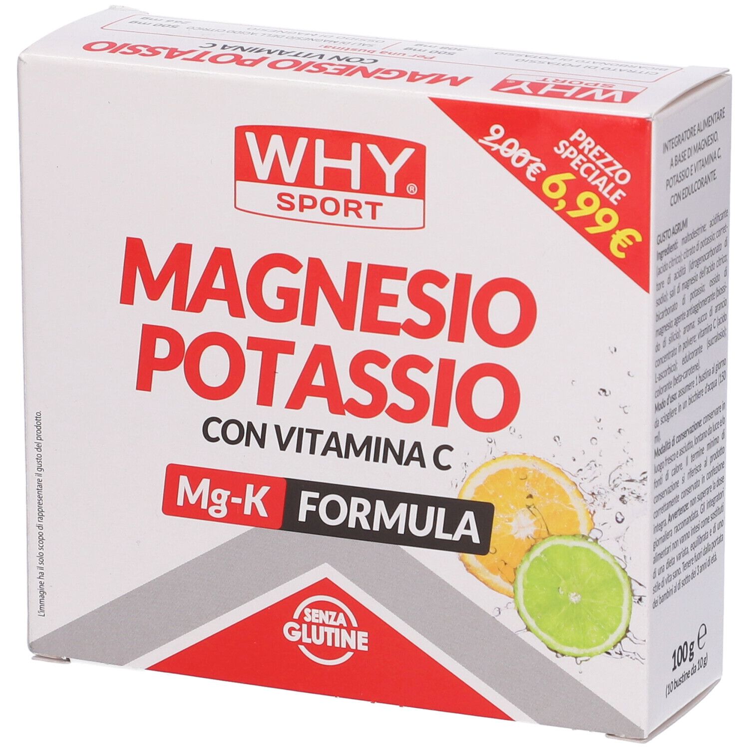 Scatola bianca con logo "WHY SPORT" e "Magnesio Potassio". Fette di limone e lime. Logo "Senza Glutine".