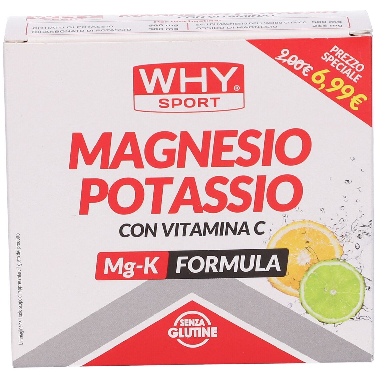 Scatola bianca con logo "WHY SPORT" e "Magnesio Potassio". Fette di limone e lime. Logo "Senza Glutine".