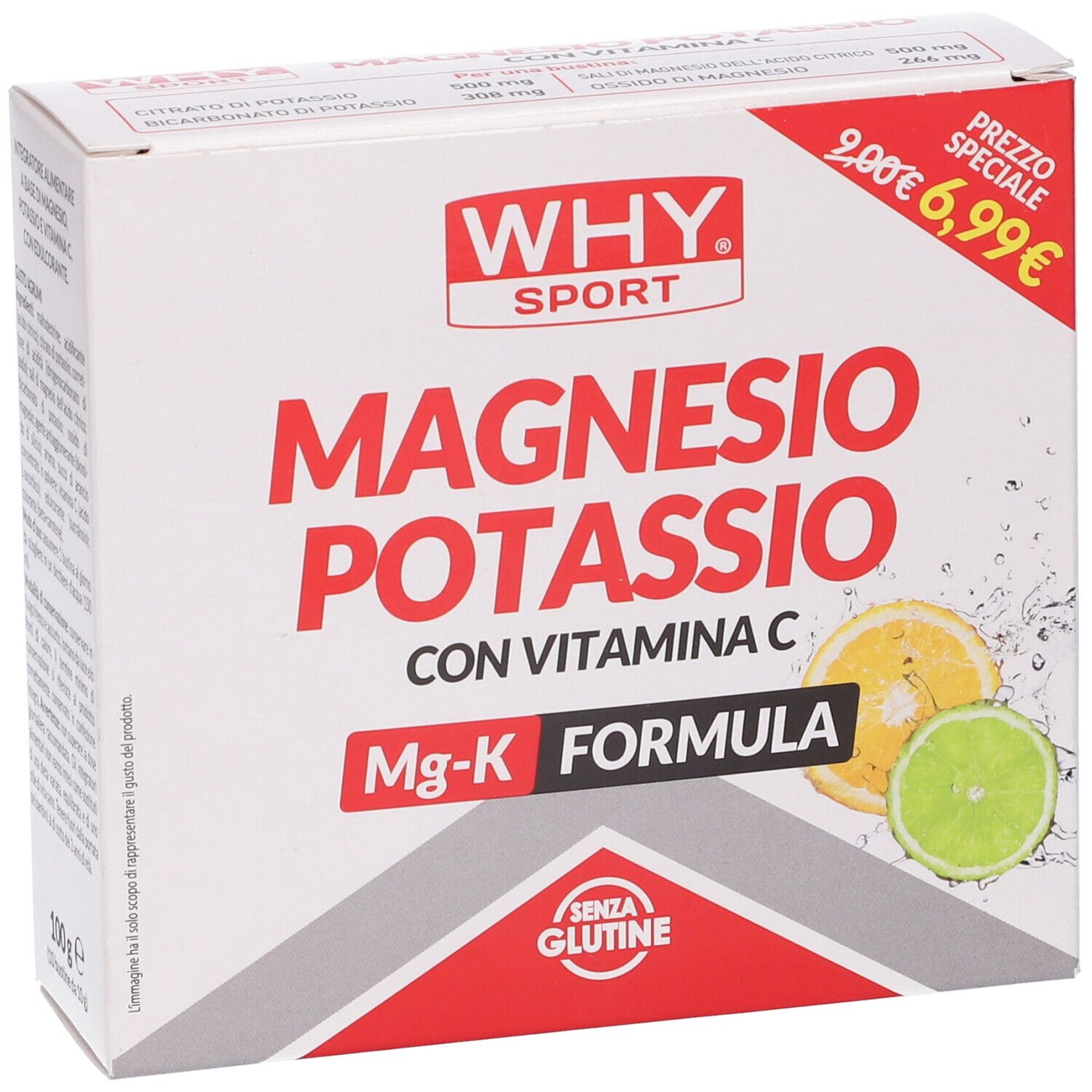 Scatola bianca con logo "WHY SPORT" e "Magnesio Potassio". Fette di limone e lime. Logo "Senza Glutine".