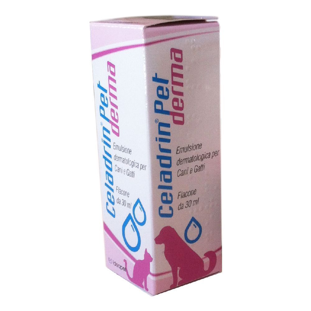 Confezione rosa con nome e logo del prodotto. Contiene un'emulsione dermatologica per cani e gatti.