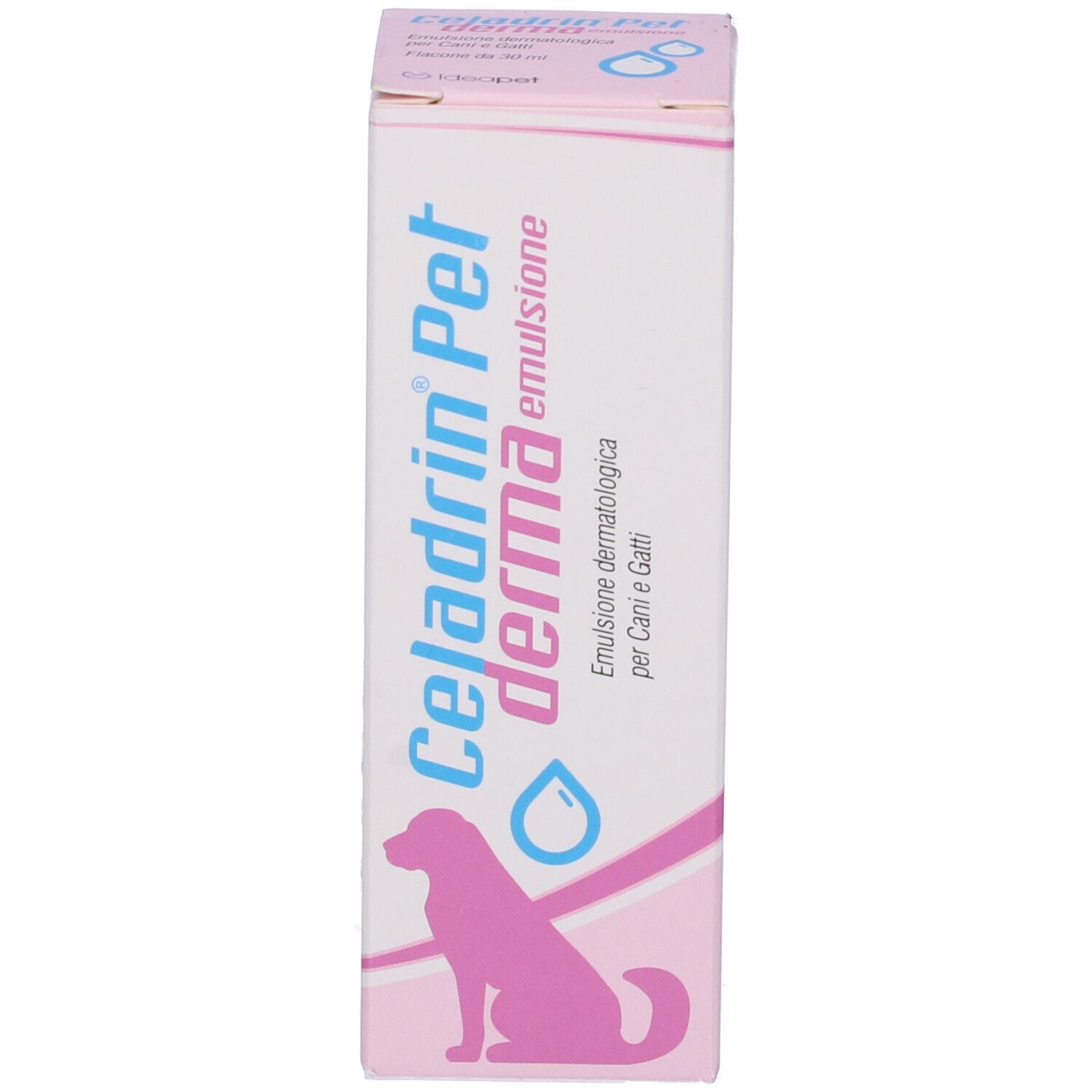 Confezione rosa con nome e logo del prodotto. Contiene un'emulsione dermatologica per cani e gatti.