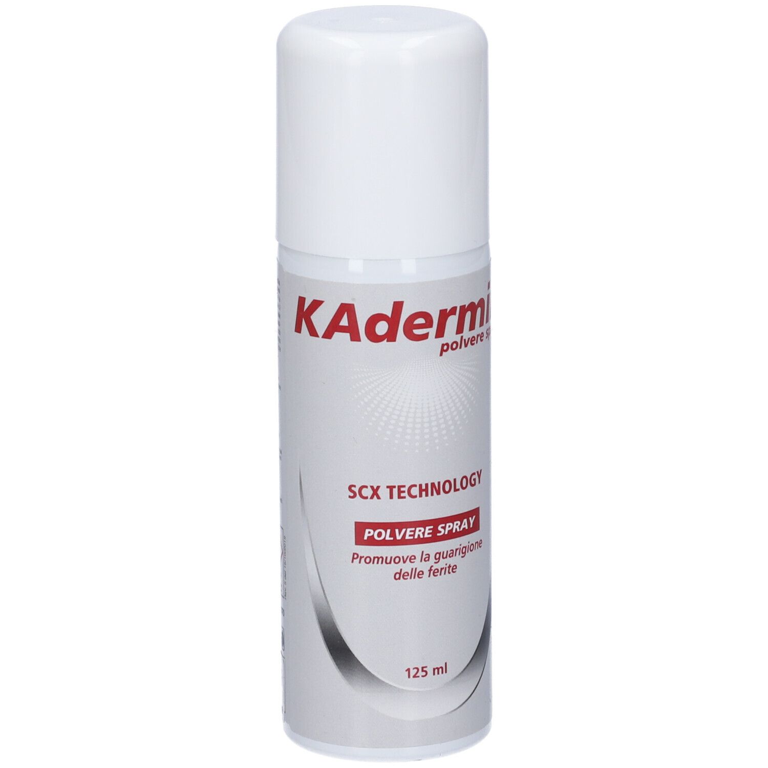 Spray bianco con testo rosso. Scritta: KAderm, SCX TECHNOLOGY, Polvere Spray, 125 ml.