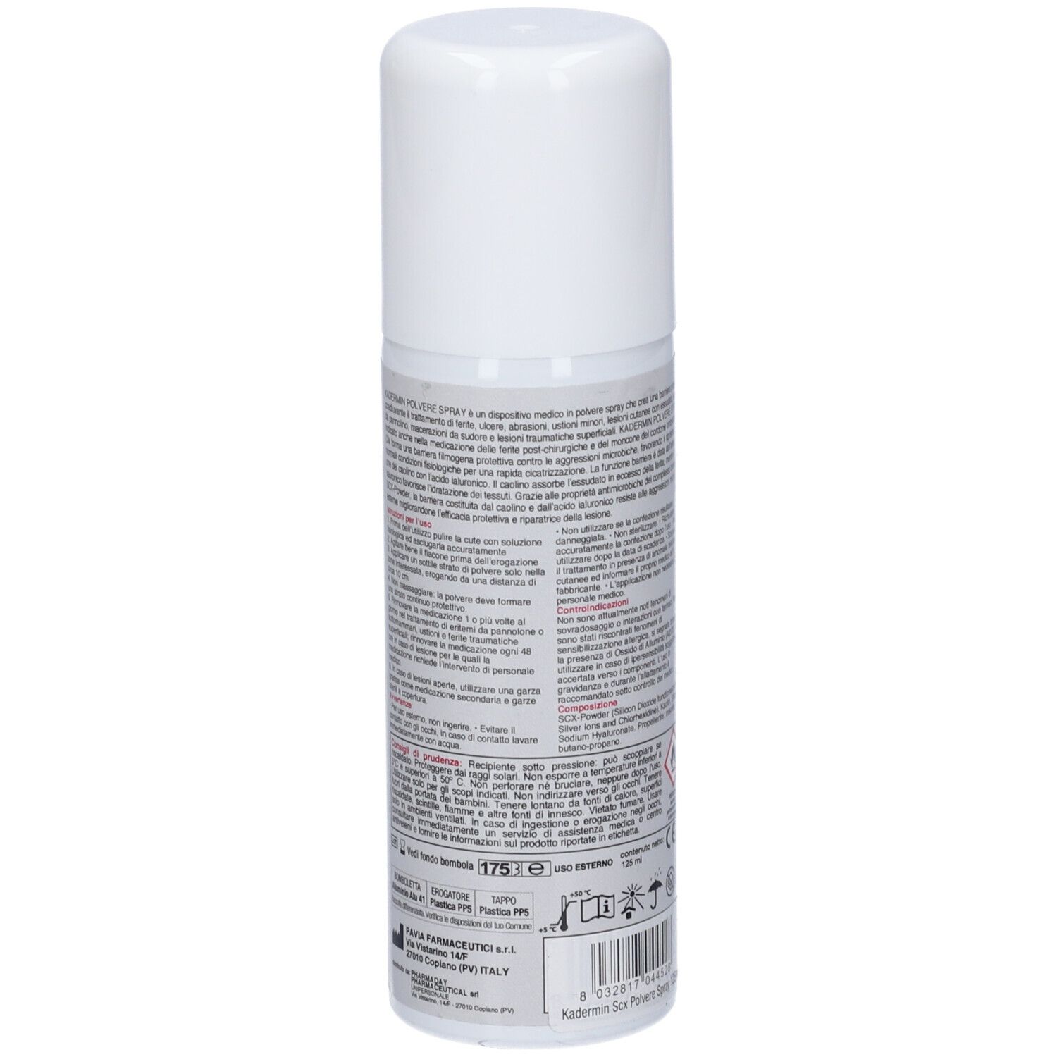 Spray bianco, retro con testo. Contiene avvertenze, ingredienti e marchio CE.