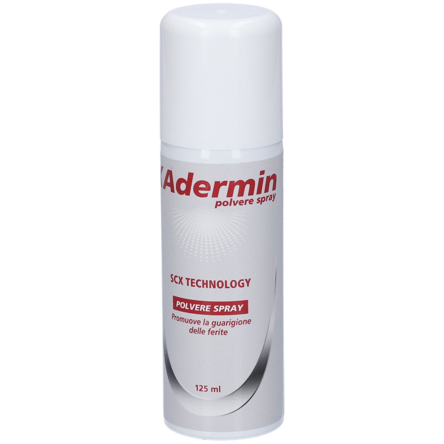 Spray bianco con testo rosso. Scritta: Adermin, SCX TECHNOLOGY, Polvere Spray, 125 ml.